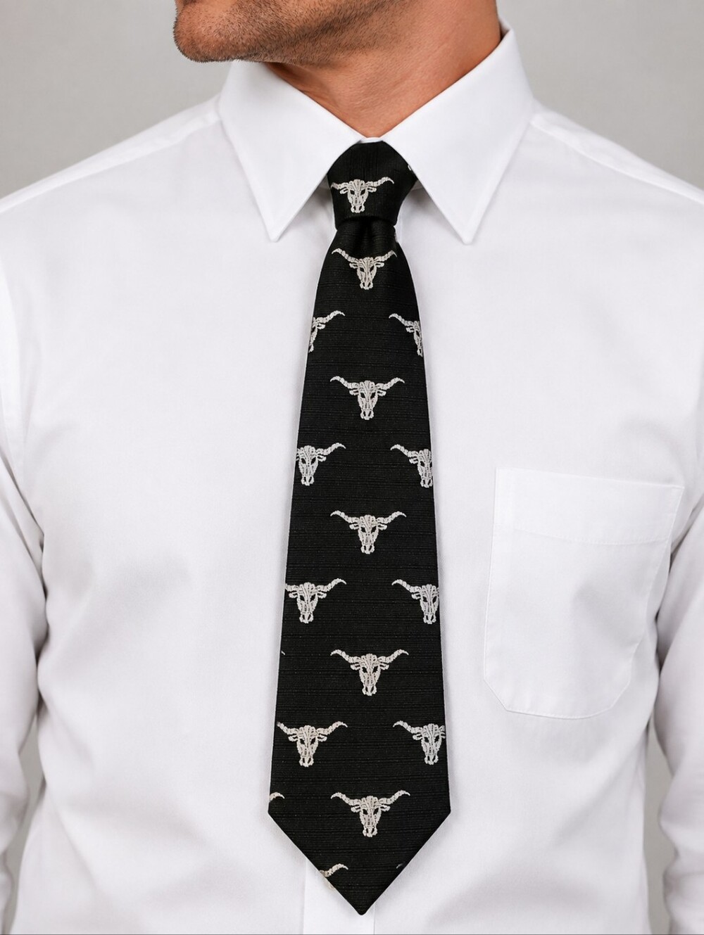 LEGAL LIMIT Black & White Bull Longhorn Skull Pattern Men's Tie